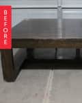 Dark wooden coffee table in a garage with a red "Before" label on the left side.