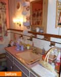 Vintage bathroom with pink countertop, floral curtains, wicker basket, and wall-mounted towel rack.