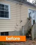 Small wooden deck attached to a beige house with sliding glass doors and a "before" label.