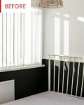 Bedroom corner with white metal bed frame, vertical blinds casting shadows on the wall, and a wicker pendant light.