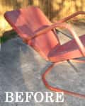 Rusty red metal patio chair on concrete, labeled "BEFORE."