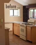 Small kitchen with beige cabinets, white stove, and tiled floor, labeled "before."