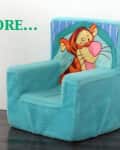 Blue plush children's chair with Tigger design on the backrest.