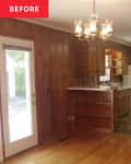 wood walled and wood cabinet kitchen before makeover
