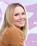 Smiling woman with long blonde hair in front of a purple and white abstract background with stars.