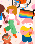 Diverse group of people celebrating with rainbow and transgender flags, colorful outfits, and confetti.