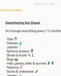 Decluttering checklist for closet: tops, dresses, jackets, jeans, shoes, bags, accessories, pajamas, socks, jewelry.