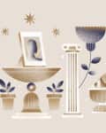 Stylized illustration of columns, plants, a steaming mug, and a framed silhouette on a pedestal.