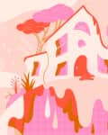 Whimsical house on a hill with pink and orange trees, abstract sun, and flowing patterns.