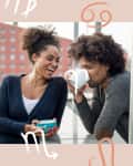Couple enjoying coffee on a balcony, surrounded by zodiac symbols.