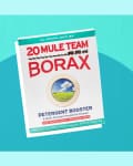 The Borax Mule Team Detergent Booster's packaging is designed in red fonts against a white background