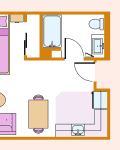 Studio apartment floor plan with a pink bed, sofa, dining table, kitchen, and bathroom.
