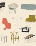 illustration of various chairs, sofas and tables