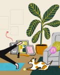 Woman doing yoga on a mat with a dog nearby, surrounded by indoor plants, a DIY bookshelf, and colorful decor.