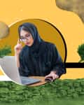 Woman in hijab working on a laptop, surrounded by trees and abstract yellow background.