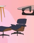Mid-century modern desk, black glass coffee table, and Eames lounge chair with ottoman on a pink abstract background.