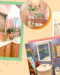 Collage of vintage bathrooms with pink and blue walls, flamingo art, wicker baskets, and decorative plants.