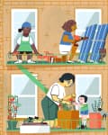 People engaging in various activities in apartment windows, including gardening, knitting, and cooking.
