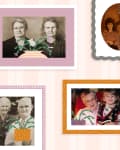 Collage of vintage family photos in various frames, featuring women and children with decorative plants.