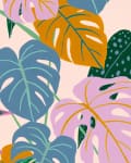 Colorful tropical leaves illustration with pink, blue, green, and orange hues overlapping.