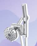 Chrome dual shower head with adjustable handheld attachment on a purple abstract background.