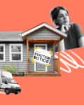 Gray house with eviction notice on door, moving boxes, delivery truck, and a thoughtful woman on an orange background.