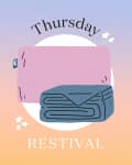 Illustration of a pink pillow and blue folded blanket with "Thursday Restival" text on a gradient background.