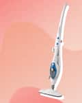 White upright steam mop with blue accents on a pink gradient background.