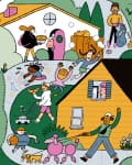 A vibrant neighborhood scene with diverse people engaging in various activities, including playing, socializing, and walking pets.