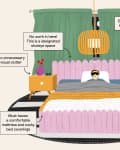 Bedroom with pink headboard, green curtains, wooden nightstands, and a person sleeping. Tips for optimal sleep environment.