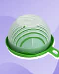 Green and white salad cutter bowl with slotted dome on a purple wavy background.