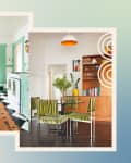 Split image of a mint green kitchen with checkered floor and a dining room with striped chairs and wooden shelves.