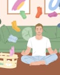Man meditating in living room with floating socks, green sofa, and pink ottoman. Laundry basket and plants in background.