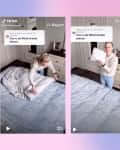 Woman demonstrating how to fold a fitted sheet in a bedroom with a dresser and framed photos.