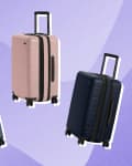 Three hard-shell suitcases in blue, pink, and navy with telescopic handles on a purple background.