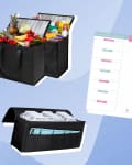 Red shopping trolley, black grocery bags with produce, meal planner, and coupon organizer on blue background.