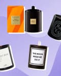 Assorted scented candles with labels, including Byredo Apocalyptic, Glasshouse Trick or Treat, and Ghost Rose.
