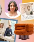 Collage of people, a cozy living room with a red sofa, a bedroom with a round mirror, and an orange textured chair.