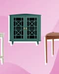 Three corner cabinets: white with shelves, green with lattice doors, and brown with tapered legs on a pink background.