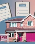 Brick house with a "For Sale" sign, pink door, and three checklists labeled 3 Years, 1 Year, and 3 Months.