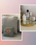 Collage of a cozy bedroom with a wooden bed, embroidered pillow, and a gold tray with beauty products and candles.