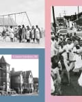 Children playing on swings in Boley, OK; street dance in Treme, LA; historic homes in Conant Gardens, MI.