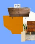 Mid-century modern dresser before and after restoration, with a plant beside the restored piece.