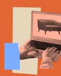 Hands typing on a laptop displaying a sofa, with a coffee mug nearby on an orange background.