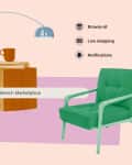 Green armchair, wooden cube table with a mug, and a floor lamp next to a search bar labeled "Search Marketplace."