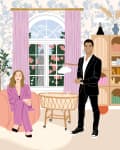Woman in pink suit seated in a bedroom with floral wallpaper, next to a man in a black suit, crib, and bookshelf.