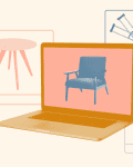 Laptop displaying a blue chair, surrounded by images of a table, crutches, and a striped baby onesie.
