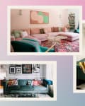 Collage of three living rooms with colorful sofas, patterned rugs, and decorative pillows, featuring plants and wall art.