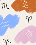 Colorful zodiac symbols on textured brushstroke backgrounds.