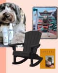 Open suitcase with organized packing cubes, dog with grooming products, black rocking chair, bed with tufted headboard, and tapestry.